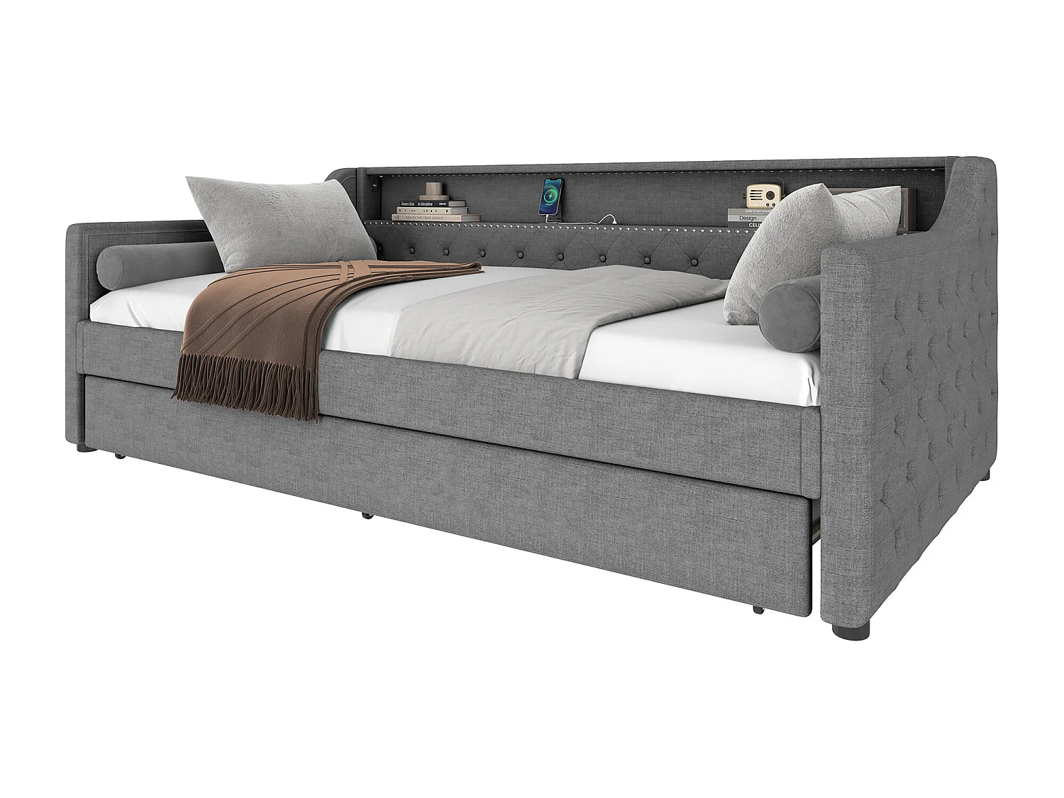 Canapé-lit 90 x 200 cm - avec éclairage LED - avec lit gigogne - avec USB - lin - avec sommier à lattes - gris