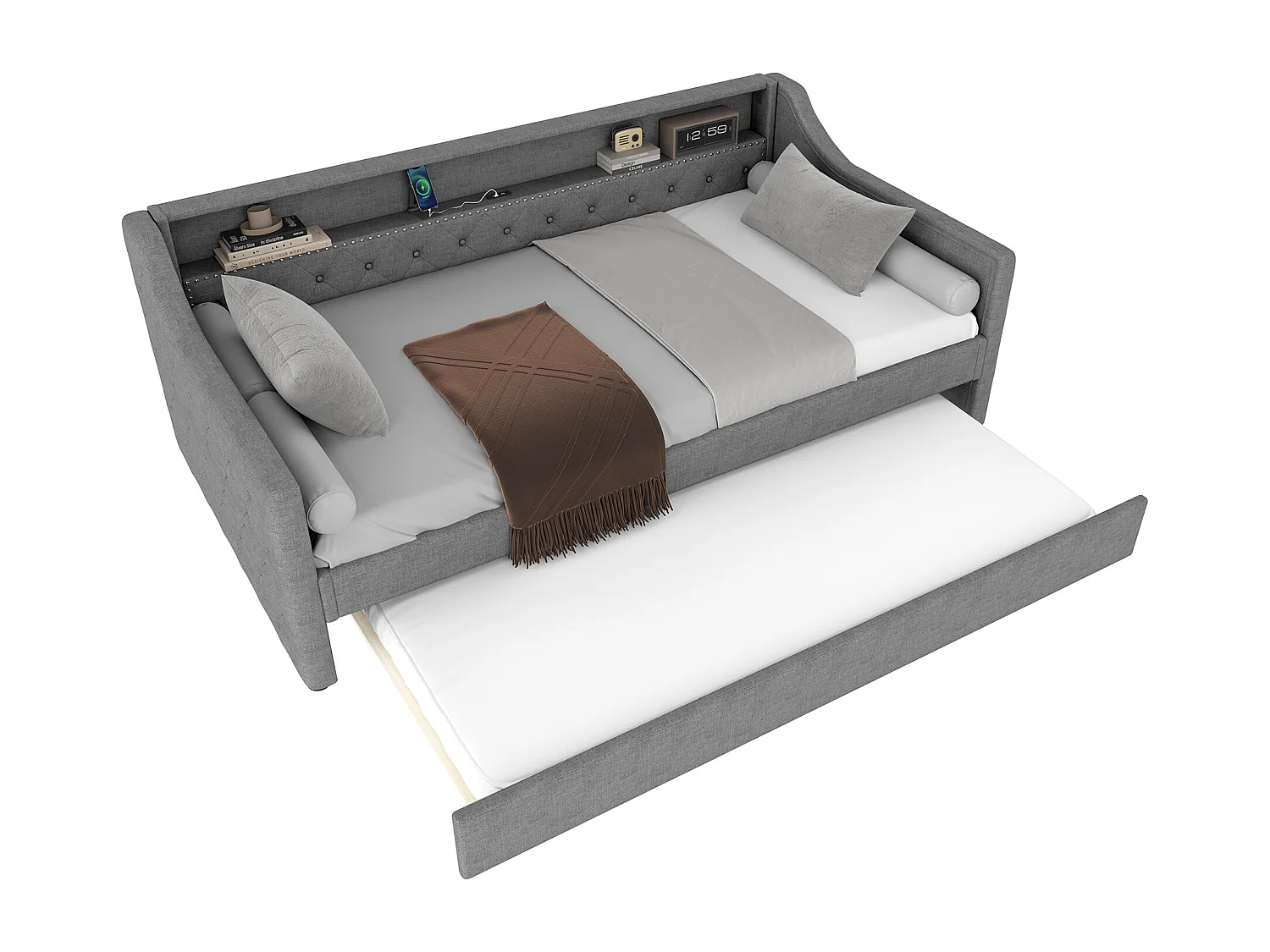 Canapé-lit 90 x 200 cm - avec éclairage LED - avec lit gigogne - avec USB - lin - avec sommier à lattes - gris