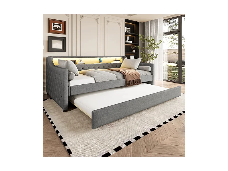 Canapé-lit 90 x 200 cm - avec éclairage LED - avec lit gigogne - avec USB - lin - avec sommier à lattes - gris