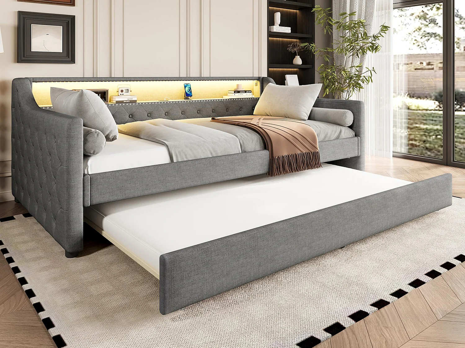 Schlafsofa 90x200 cm - mit LED-Beleuchtung - mit Ausziehbett - mit USB - Leinen - mit Lattenrost - grau