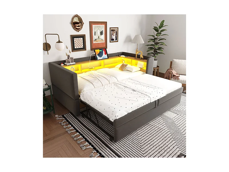 Canapé convertible capitonné 90/180x190 cm - avec éclairage LED - avec prise - multiples rangements - gris foncé (matelas non inclus)