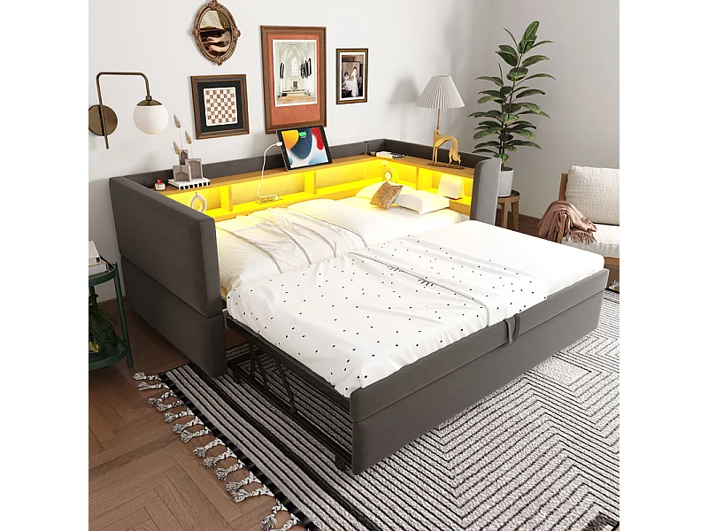Canapé convertible capitonné 90/180x190 cm - avec éclairage LED - avec prise - multiples rangements - gris foncé (matelas non inclus)