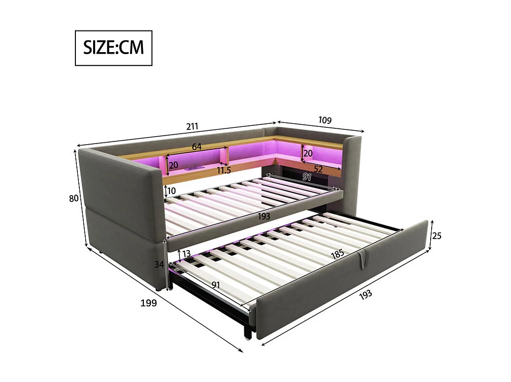 Canapé convertible capitonné 90/180x190 cm - avec éclairage LED - avec prise - multiples rangements - gris foncé (matelas non inclus)
