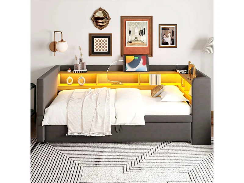 Canapé convertible capitonné 90/180x190 cm - avec éclairage LED - avec prise - multiples rangements - gris foncé (matelas non inclus)