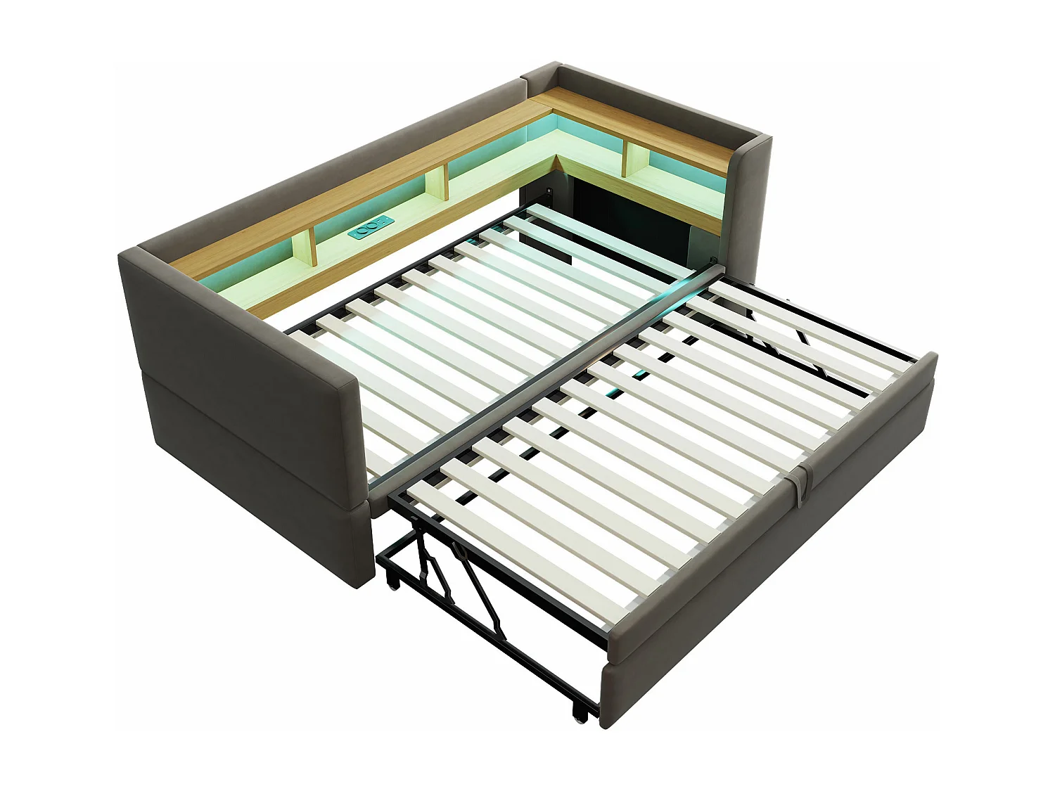 Canapé convertible capitonné 90/180x190 cm - avec éclairage LED - avec prise - multiples rangements - gris foncé (matelas non inclus)