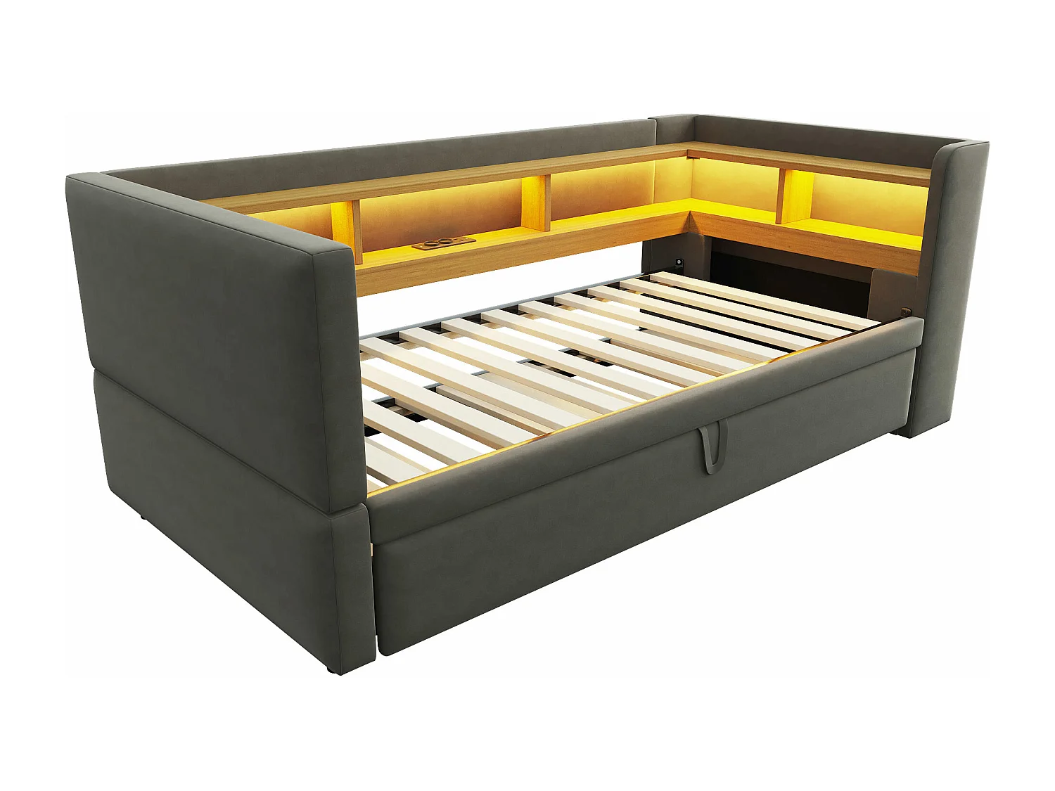 Canapé convertible capitonné 90/180x190 cm - avec éclairage LED - avec prise - multiples rangements - gris foncé (matelas non inclus)