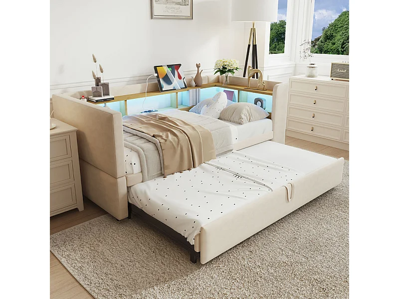 Umwandbares Polstersofa 90/180x190 cm - mit LED-Beleuchtung - mit Steckdose - mehrere Stauraum - beige (Matratze nicht enthalten)