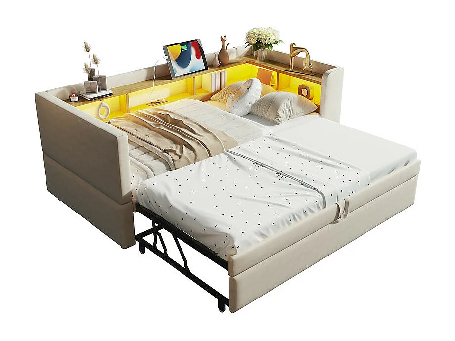 Canapé convertible capitonné 90/180x190 cm - avec éclairage LED - avec prise - multiples rangements - beige (matelas non inclus)