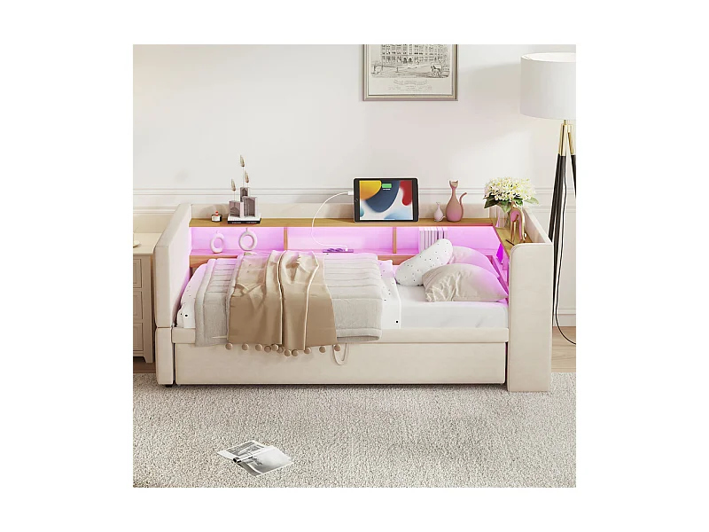 Canapé convertible capitonné 90/180x190 cm - avec éclairage LED - avec prise - multiples rangements - beige (matelas non inclus)