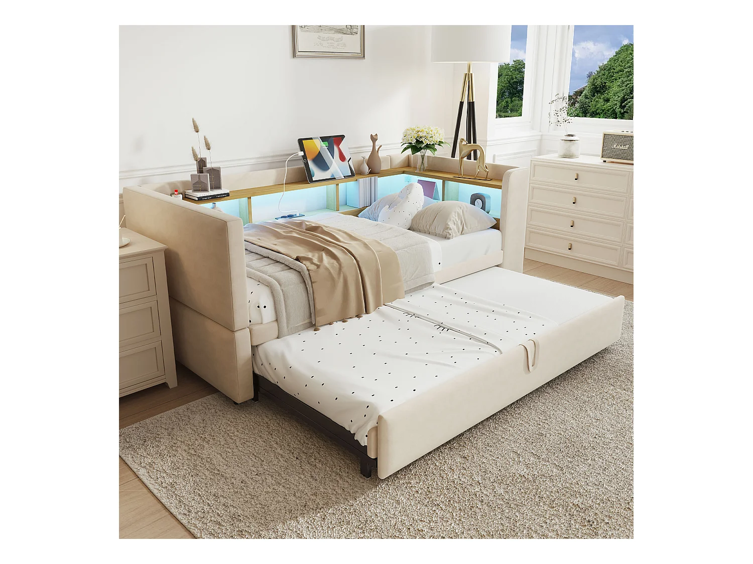 Canapé convertible capitonné 90/180x190 cm - avec éclairage LED - avec prise - multiples rangements - beige (matelas non inclus)