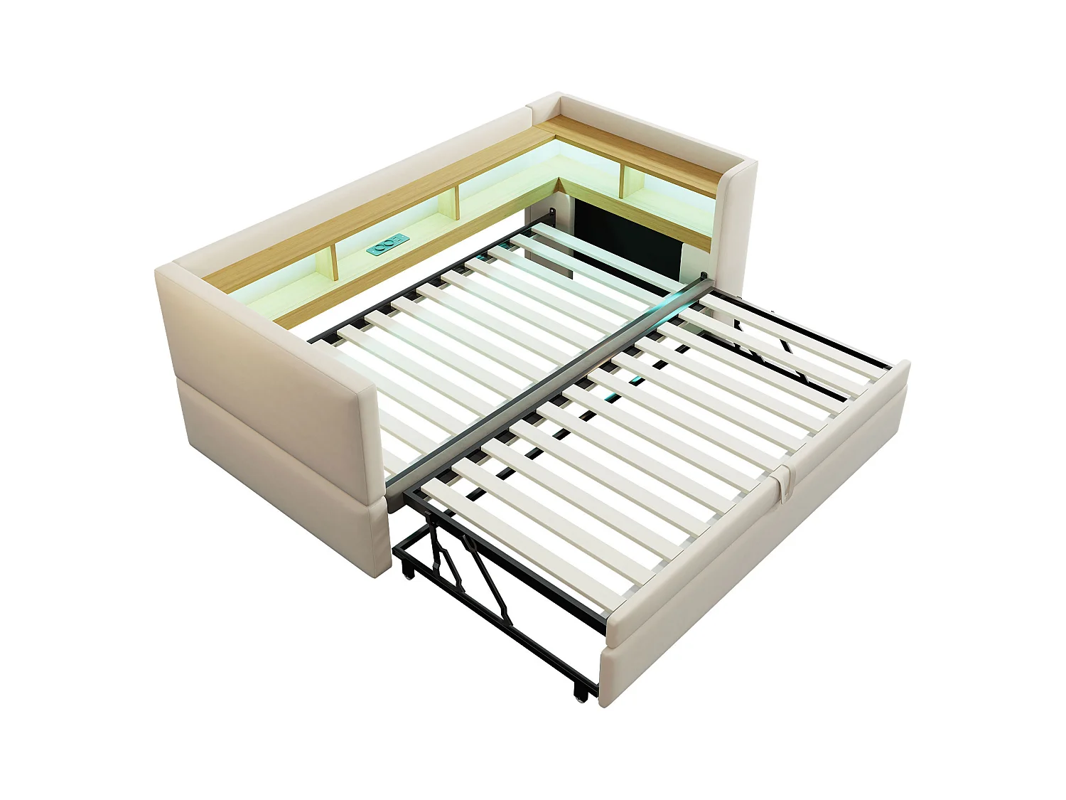 Canapé convertible capitonné 90/180x190 cm - avec éclairage LED - avec prise - multiples rangements - beige (matelas non inclus)