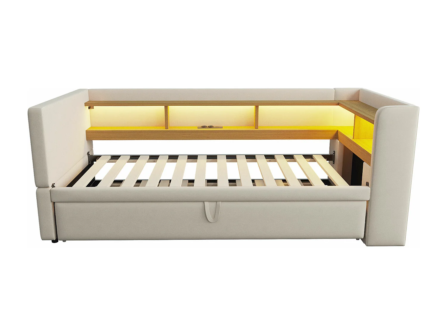 Canapé convertible capitonné 90/180x190 cm - avec éclairage LED - avec prise - multiples rangements - beige (matelas non inclus)