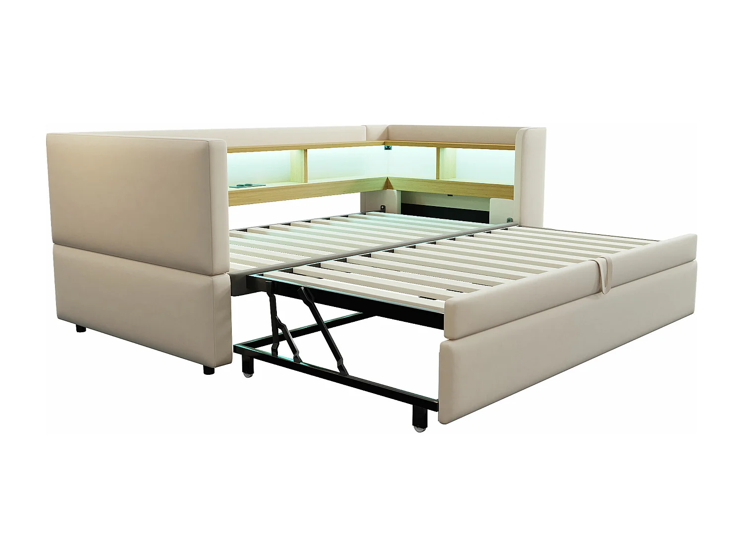 Canapé convertible capitonné 90/180x190 cm - avec éclairage LED - avec prise - multiples rangements - beige (matelas non inclus)