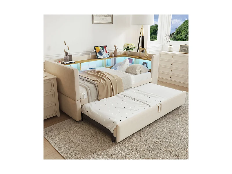 Canapé convertible capitonné 90/180x190 cm - avec éclairage LED - avec prise - multiples rangements - beige (matelas non inclus)