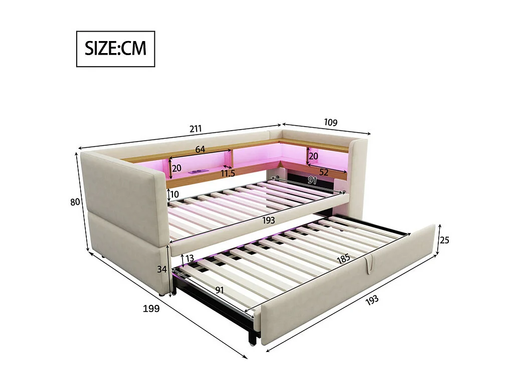 Canapé convertible capitonné 90/180x190 cm - avec éclairage LED - avec prise - multiples rangements - beige (matelas non inclus)