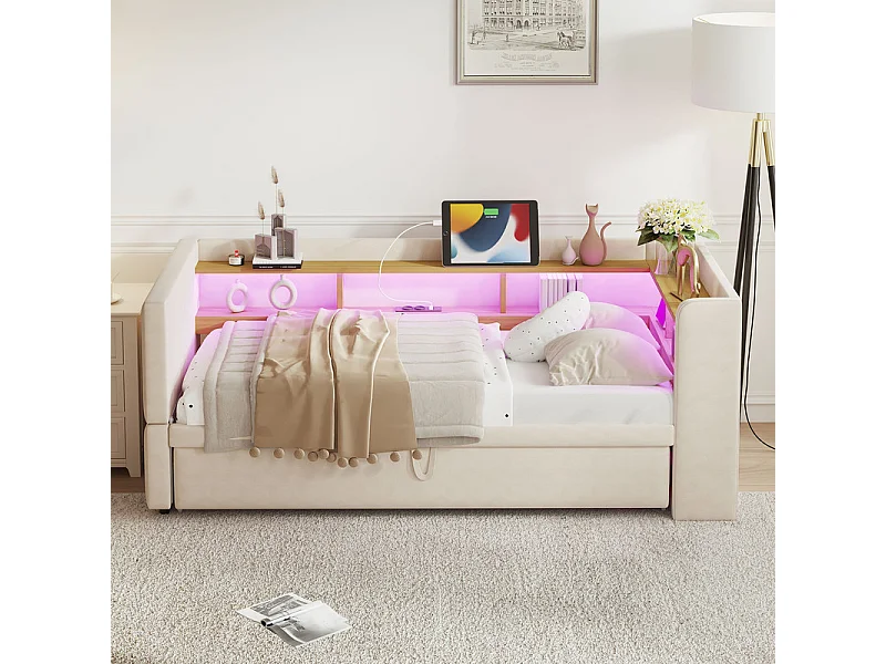 Canapé convertible capitonné 90/180x190 cm - avec éclairage LED - avec prise - multiples rangements - beige (matelas non inclus)