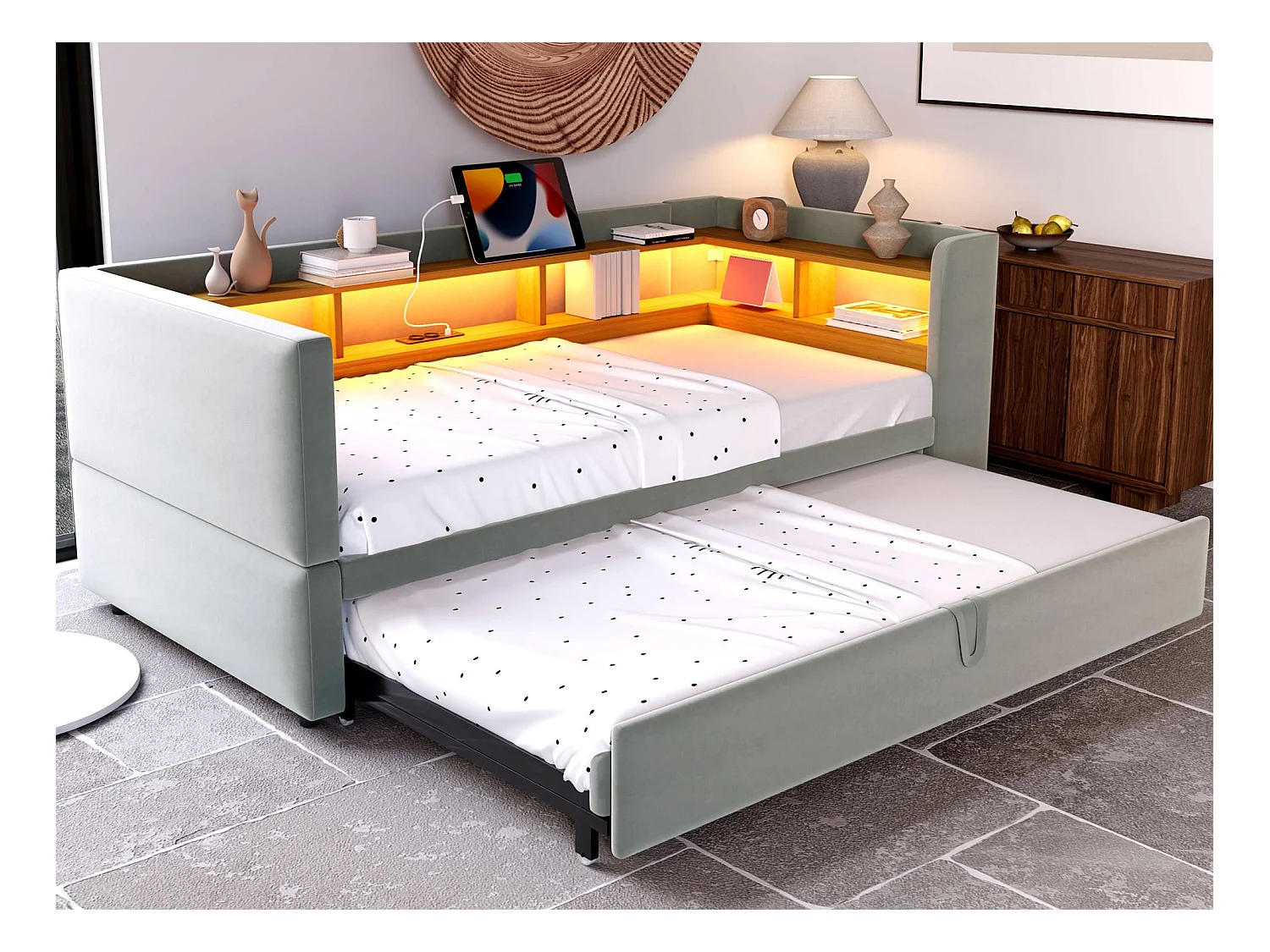 Canapé convertible capitonné 90/180x190 cm - avec éclairage LED - avec prise - multiples rangements - gris clair (matelas non inclus)