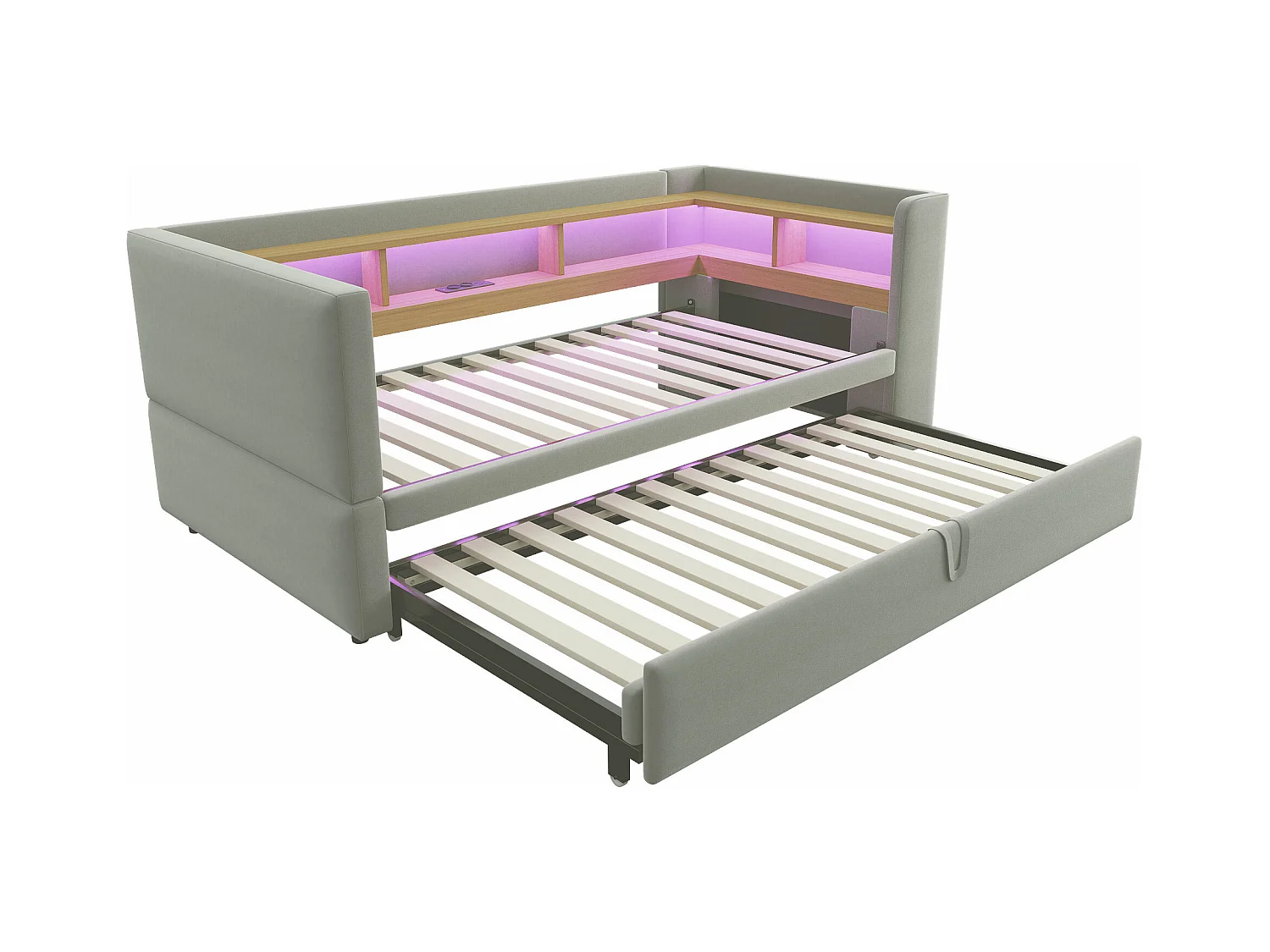 Canapé convertible capitonné 90/180x190 cm - avec éclairage LED - avec prise - multiples rangements - gris clair (matelas non inclus)