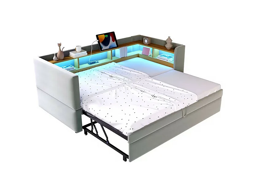 Canapé convertible capitonné 90/180x190 cm - avec éclairage LED - avec prise - multiples rangements - gris clair (matelas non inclus)