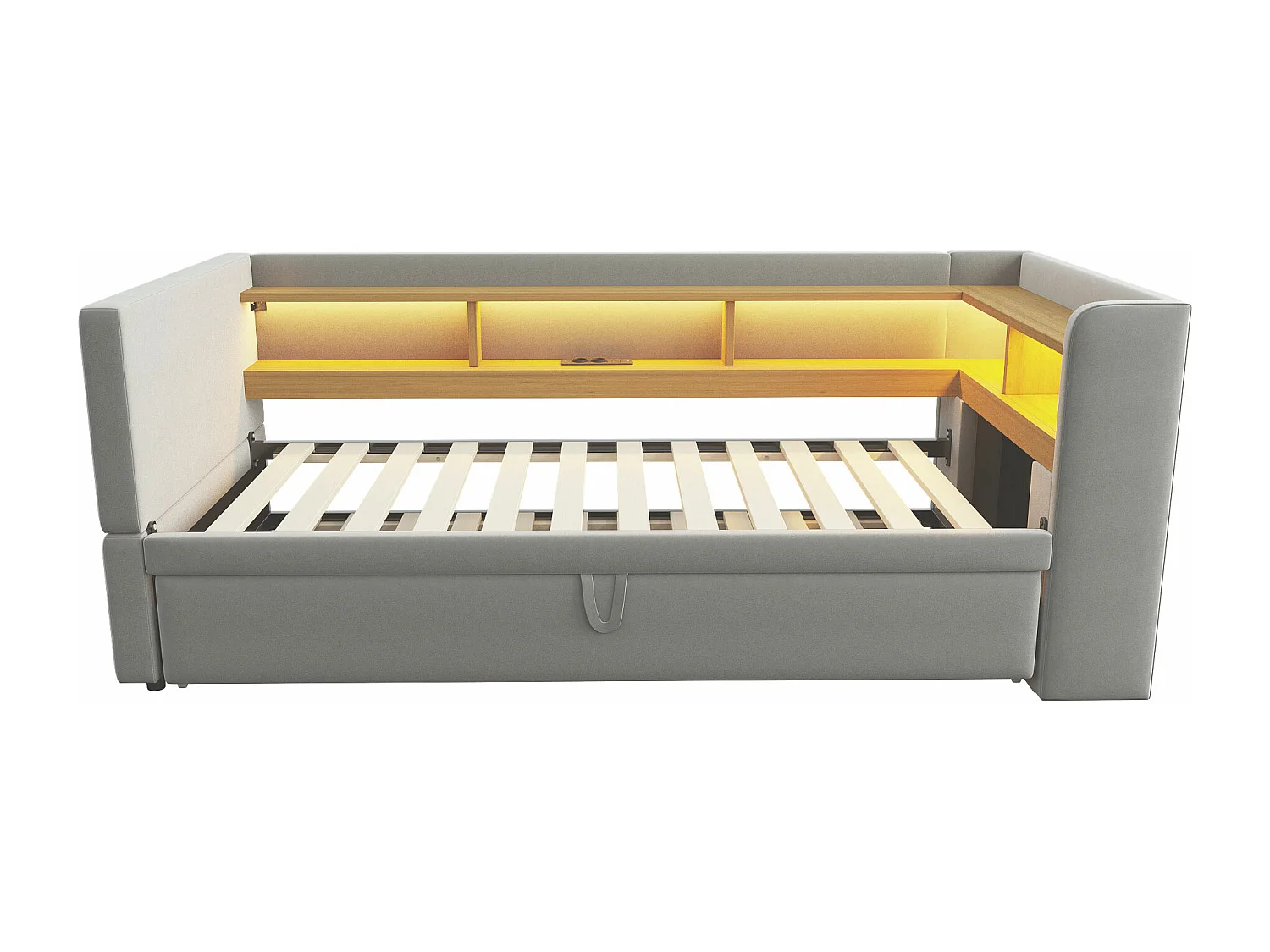 Canapé convertible capitonné 90/180x190 cm - avec éclairage LED - avec prise - multiples rangements - gris clair (matelas non inclus)