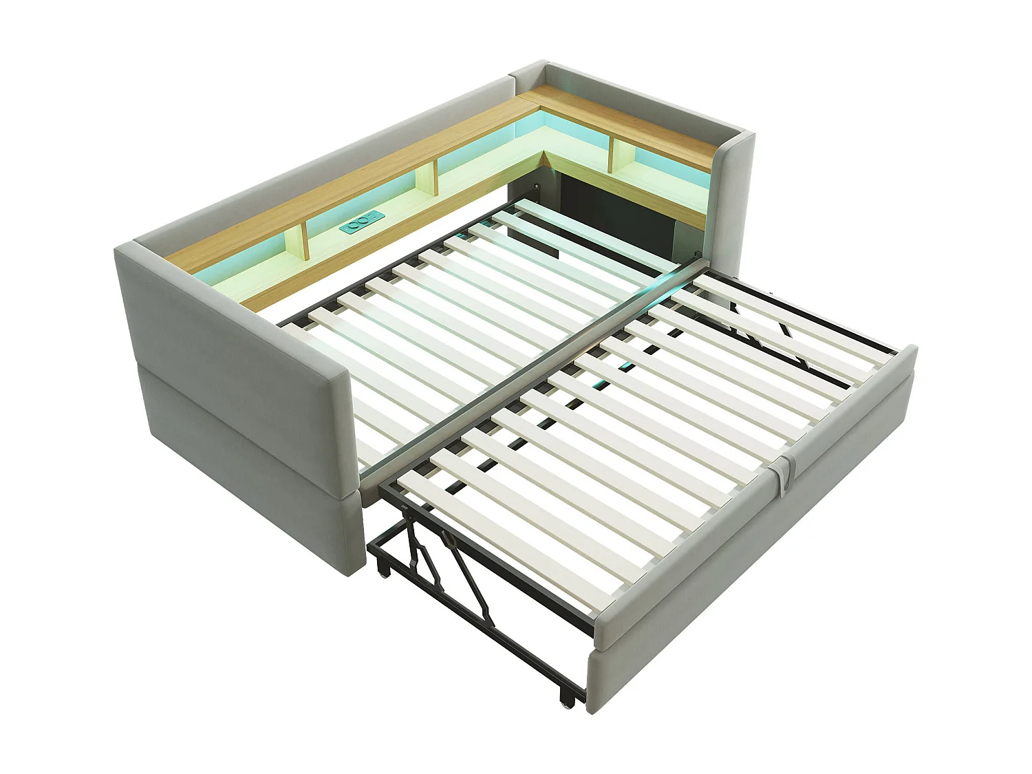 Canapé convertible capitonné 90/180x190 cm - avec éclairage LED - avec prise - multiples rangements - gris clair (matelas non inclus)