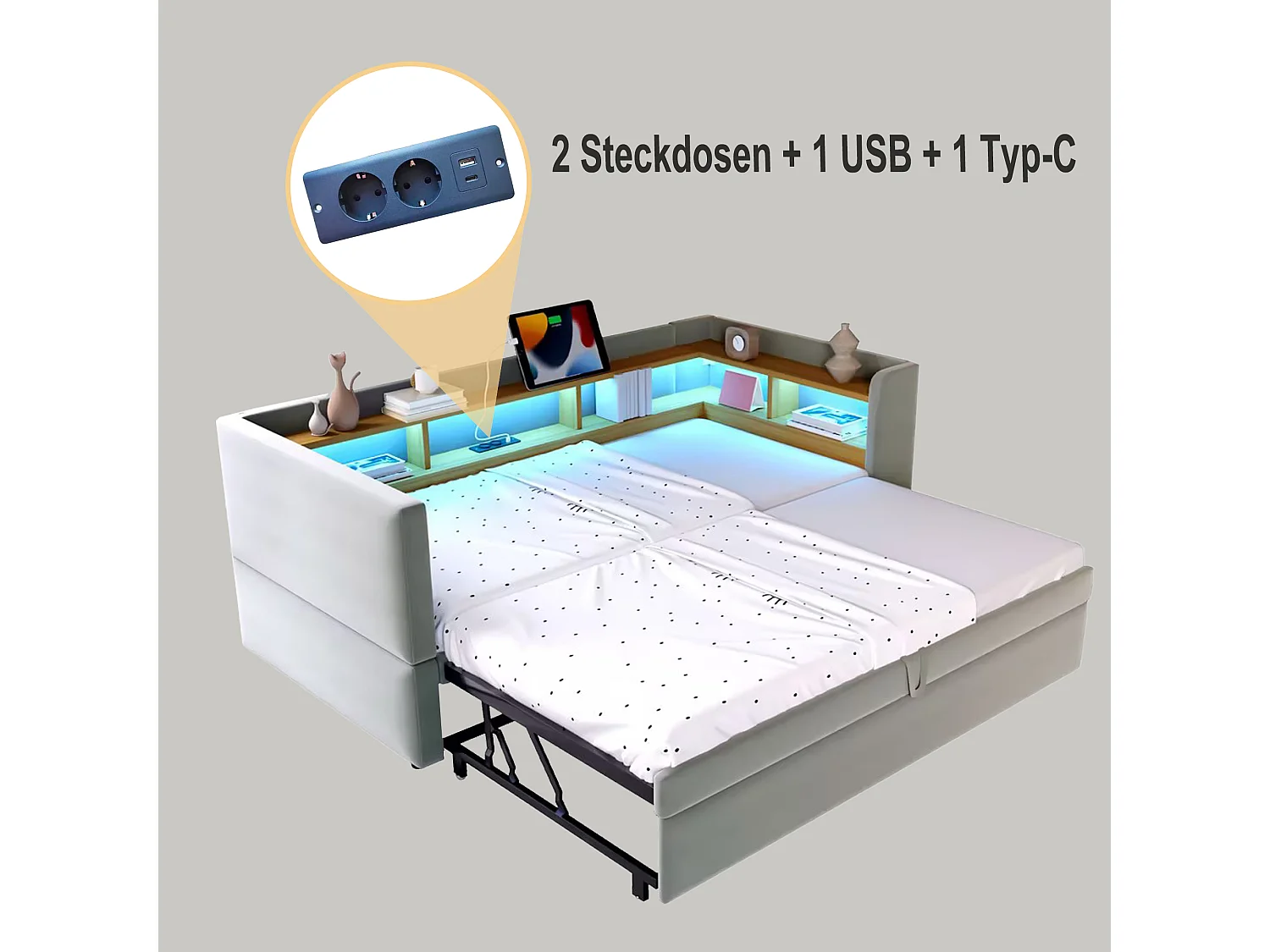 Divano letto capitonné 90/180x190 cm - con illuminazione LED - con presa - numerosi vani di stoccaggio - grigio chiaro (materasso non incluso)