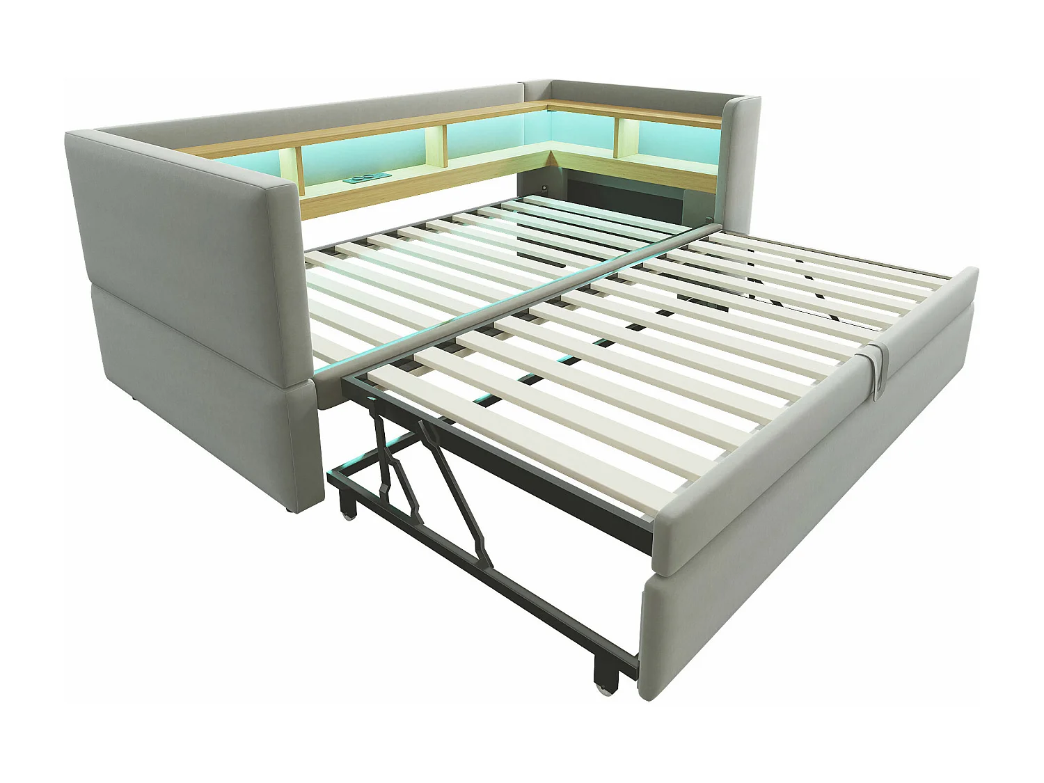 Divano letto capitonné 90/180x190 cm - con illuminazione LED - con presa - numerosi vani di stoccaggio - grigio chiaro (materasso non incluso)