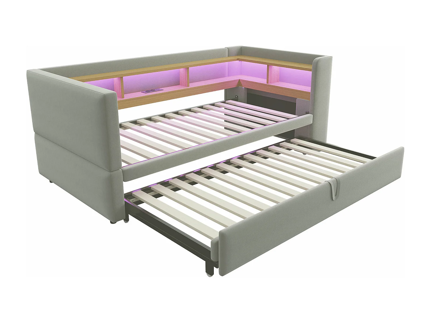 Divano letto capitonné 90/180x190 cm - con illuminazione LED - con presa - numerosi vani di stoccaggio - grigio chiaro (materasso non incluso)