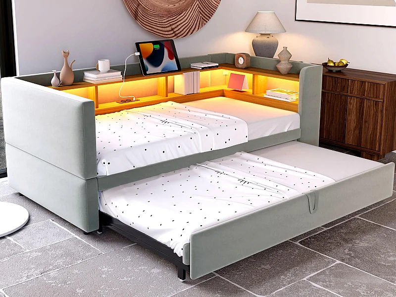 Om te vouwen canapé met kussens 90/180x190 cm - met LED-verlichting - met stopcontact - meerdere opbergruimtes - licht grijs (matras niet inbegrepen)