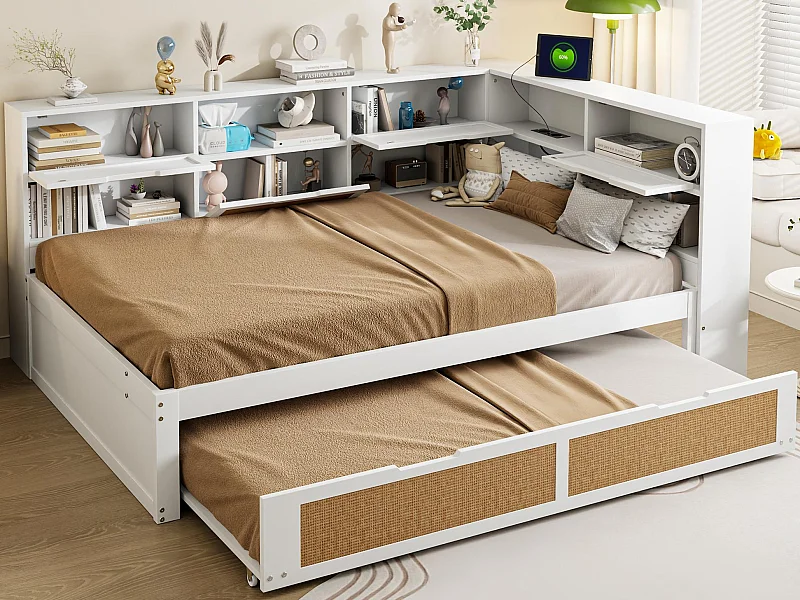 Sofá cama de madera maciza 140x200cm - Con cama nido - Con múltiples compartimentos de almacenaje - Con puerto de carga - Blanco (sin colchón)