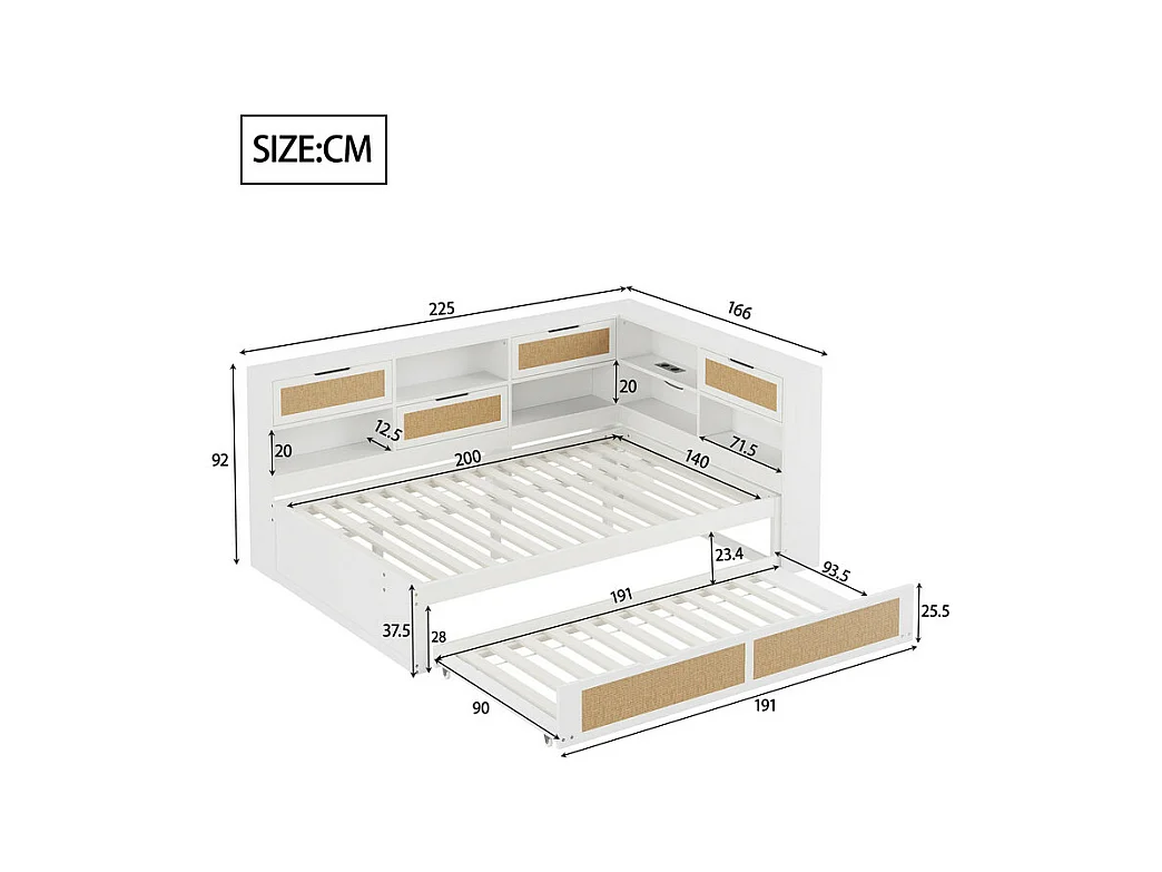 Massief houten slaapbank 140x200cm - Met uitschuifbed - Met meerdere opbergvakken - Met oplaadpoort - Wit (zonder matras)