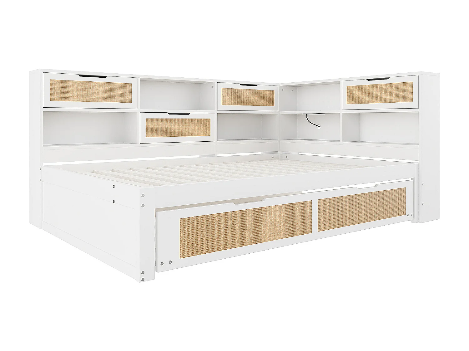 Łóżko-sofa z litego drewna 140x200cm - Z łóżkiem wysuwanym - Z wieloma schowkami - Z portem ładowania - Białe (bez materaca)