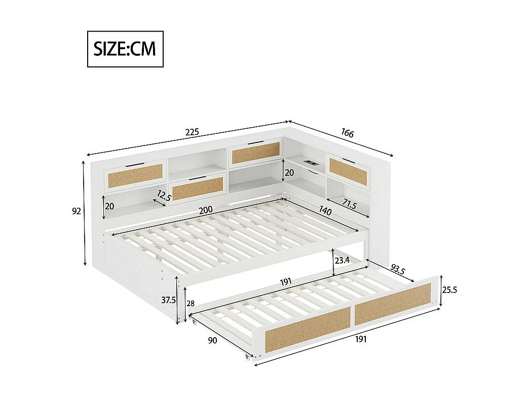 Canapé-lit en bois massif 140x200cm - Avec lit gigogne - Avec plusieurs compartiments de rangement - Avec port de charge - Blanc (sans matelas)