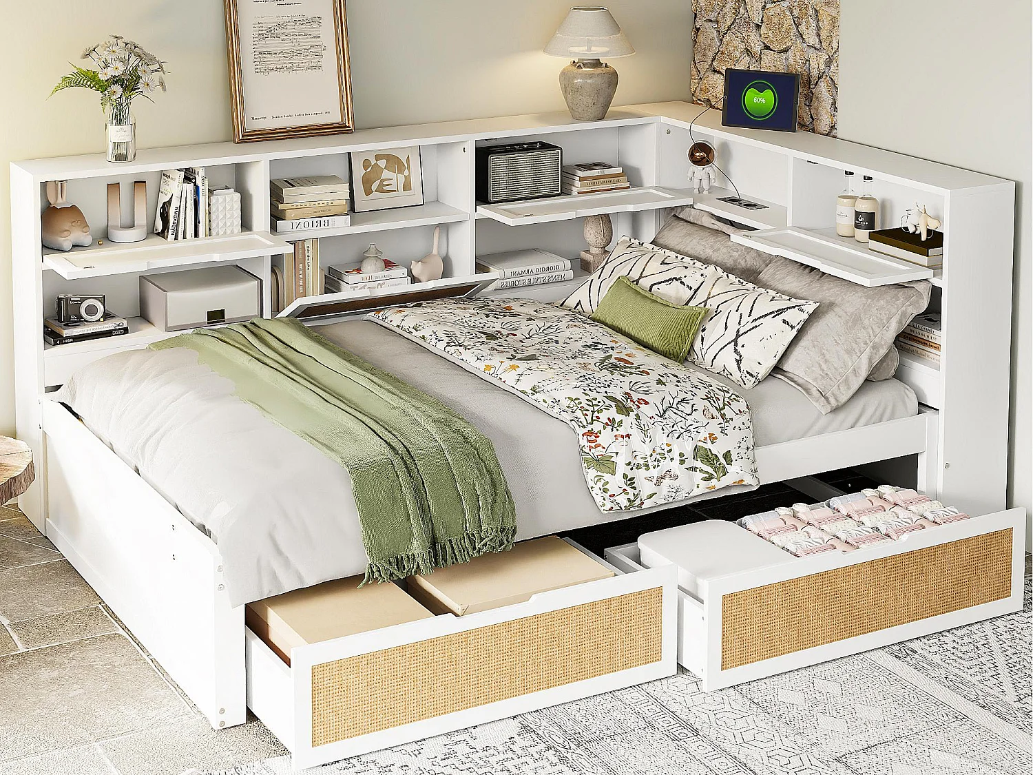 Sofá-cama em madeira maciça 140x200cm - com 2 gavetas - vários compartimentos de arrumação - com porta de carregamento - branco (sem colchão)