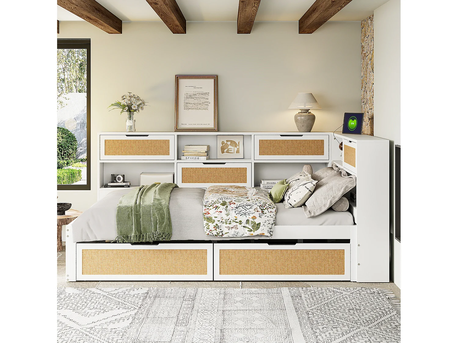 Sofá-cama em madeira maciça 140x200cm - com 2 gavetas - vários compartimentos de arrumação - com porta de carregamento - branco (sem colchão)