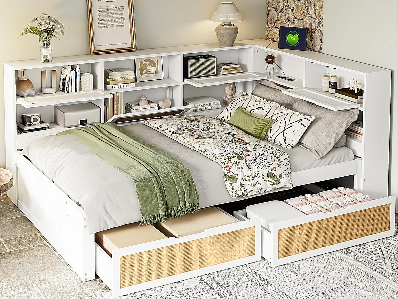 Canapé-lit en bois massif 140x200cm - avec 2 tiroirs - plusieurs compartiments de rangement - avec port de charge - blanc (sans matelas)