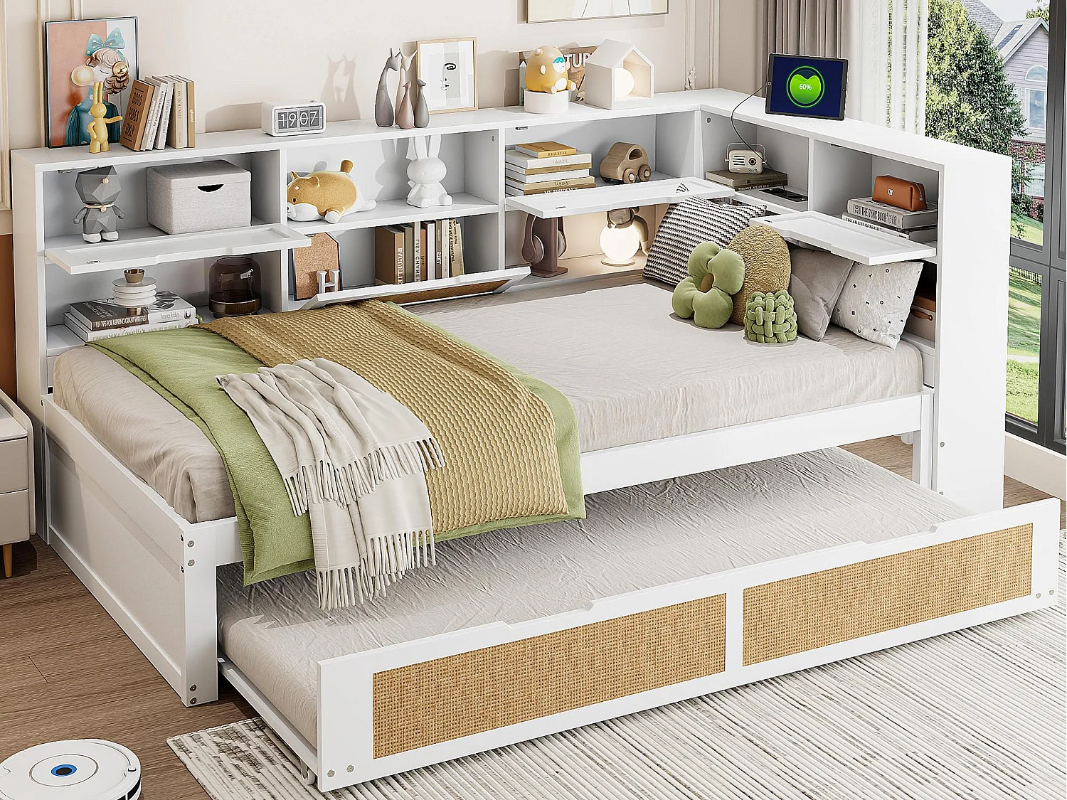 Schlafsofa aus Massivholz 90x200cm - Mit Ausziehbett - Mit vielen Staufächern - Mit Ladeanschluss - Weiß (ohne Matratze)