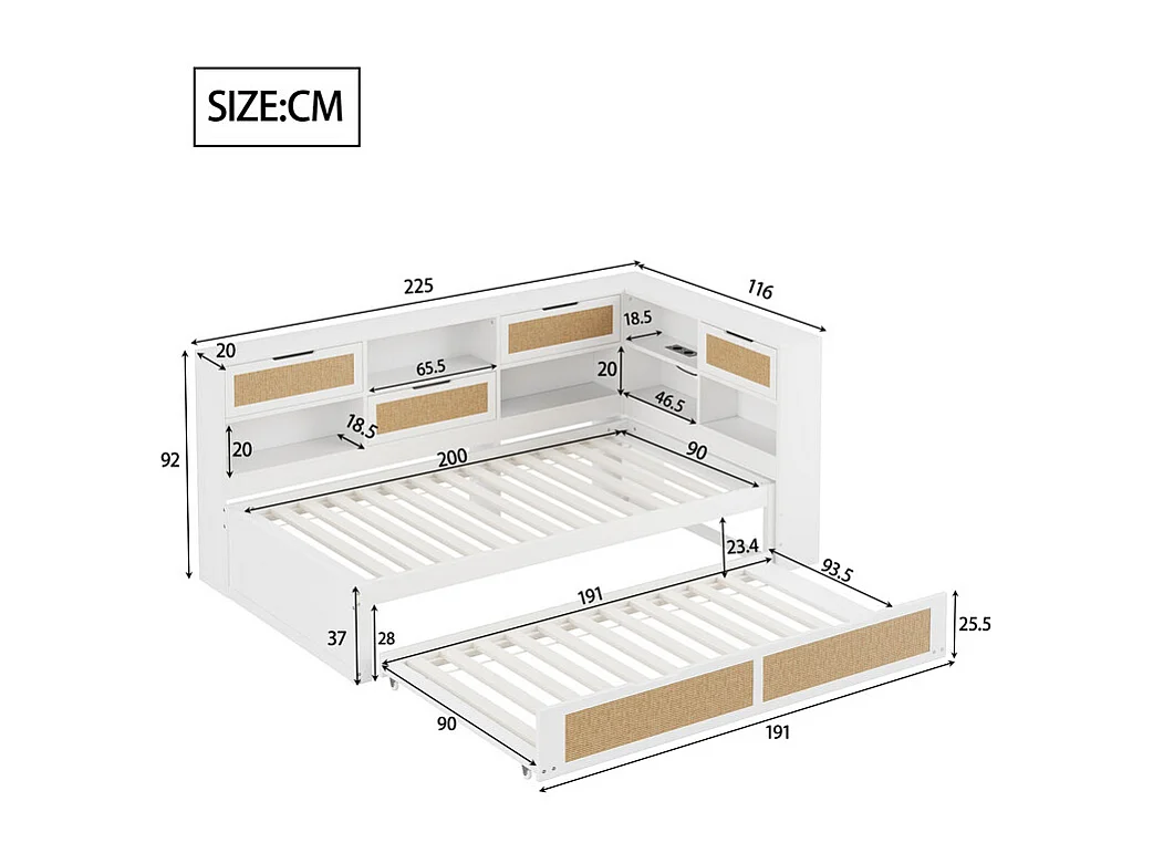 Schlafsofa aus Massivholz 90x200cm - Mit Ausziehbett - Mit vielen Staufächern - Mit Ladeanschluss - Weiß (ohne Matratze)