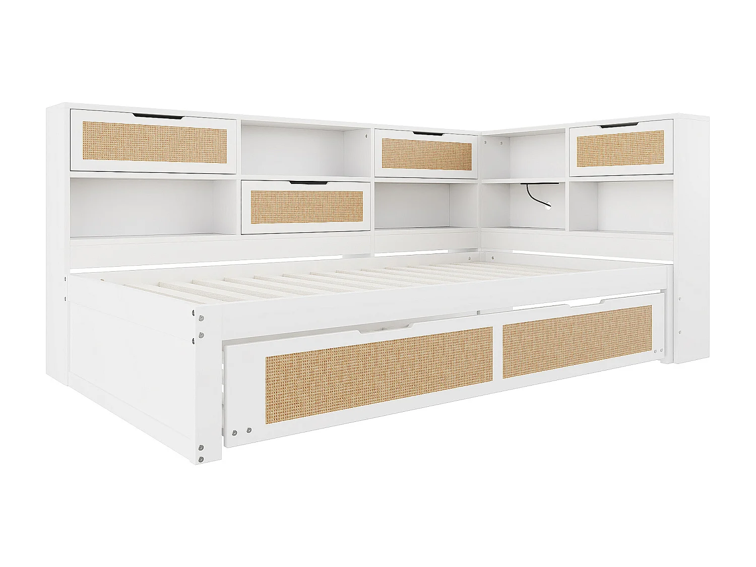 Schlafsofa aus Massivholz 90x200cm - Mit Ausziehbett - Mit vielen Staufächern - Mit Ladeanschluss - Weiß (ohne Matratze)