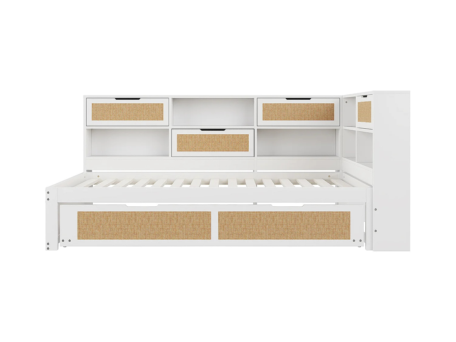 Schlafsofa aus Massivholz 90x200cm - Mit Ausziehbett - Mit vielen Staufächern - Mit Ladeanschluss - Weiß (ohne Matratze)