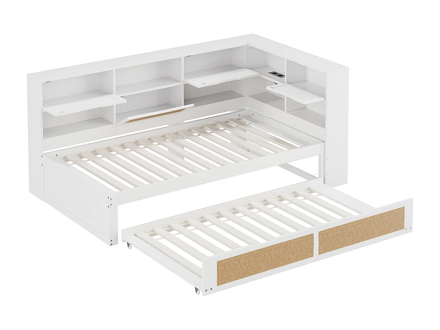 Schlafsofa aus Massivholz 90x200cm - Mit Ausziehbett - Mit vielen Staufächern - Mit Ladeanschluss - Weiß (ohne Matratze)