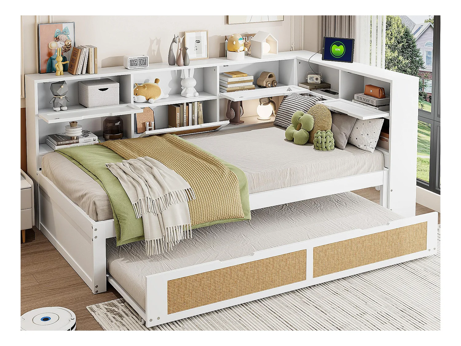 Canapé-lit en bois massif 90x200cm - Avec lit gigogne - Avec plusieurs compartiments de rangement - Avec port de charge - Blanc (sans matelas)