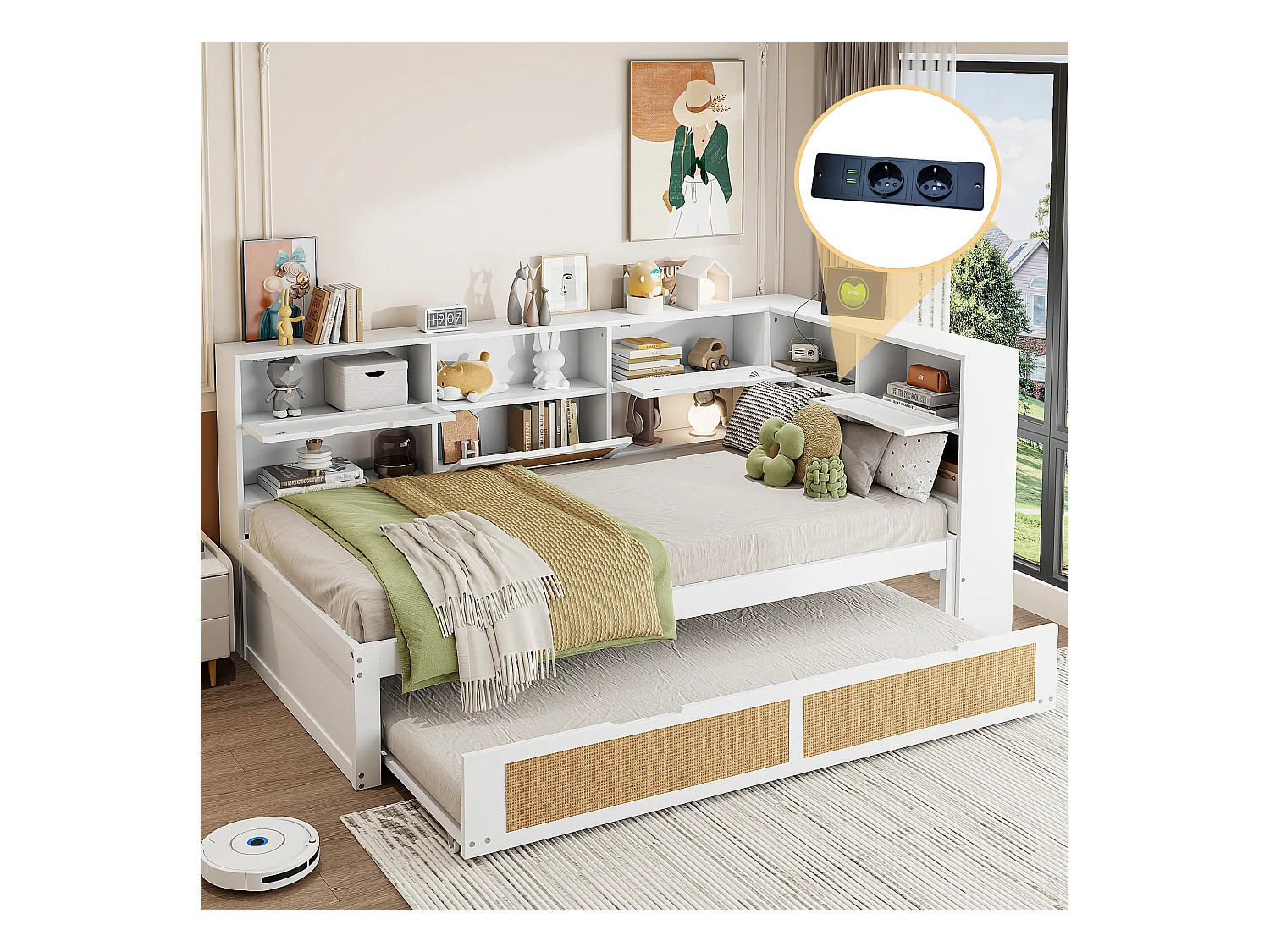 Massief houten slaapbank 90x200cm - Met uitschuifbed - Met meerdere opbergvakken - Met oplaadpoort - Wit (zonder matras)