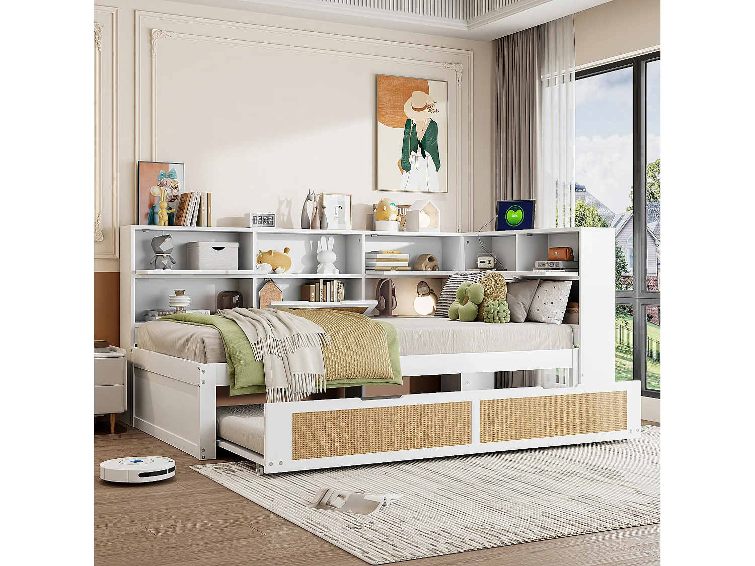 Massief houten slaapbank 90x200cm - Met uitschuifbed - Met meerdere opbergvakken - Met oplaadpoort - Wit (zonder matras)