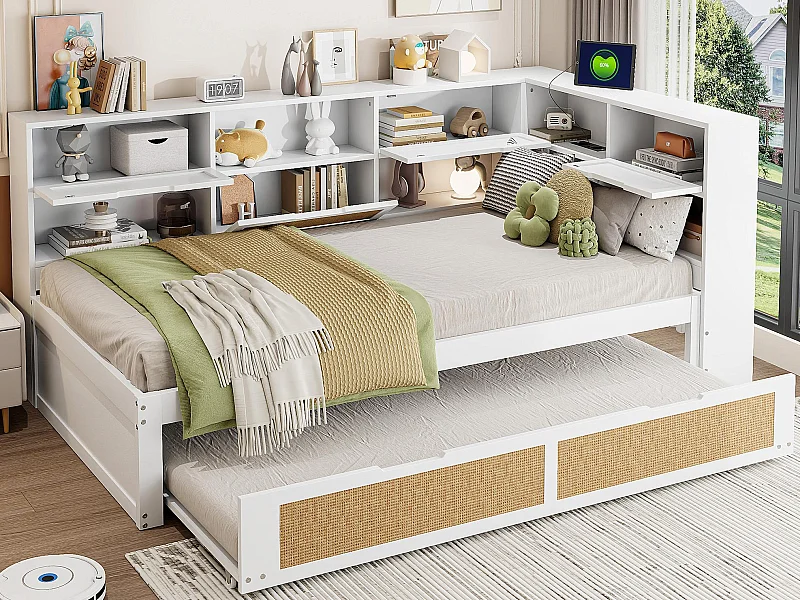 Canapé-lit en bois massif 90x200cm - Avec lit gigogne - Avec plusieurs compartiments de rangement - Avec port de charge - Blanc (sans matelas)