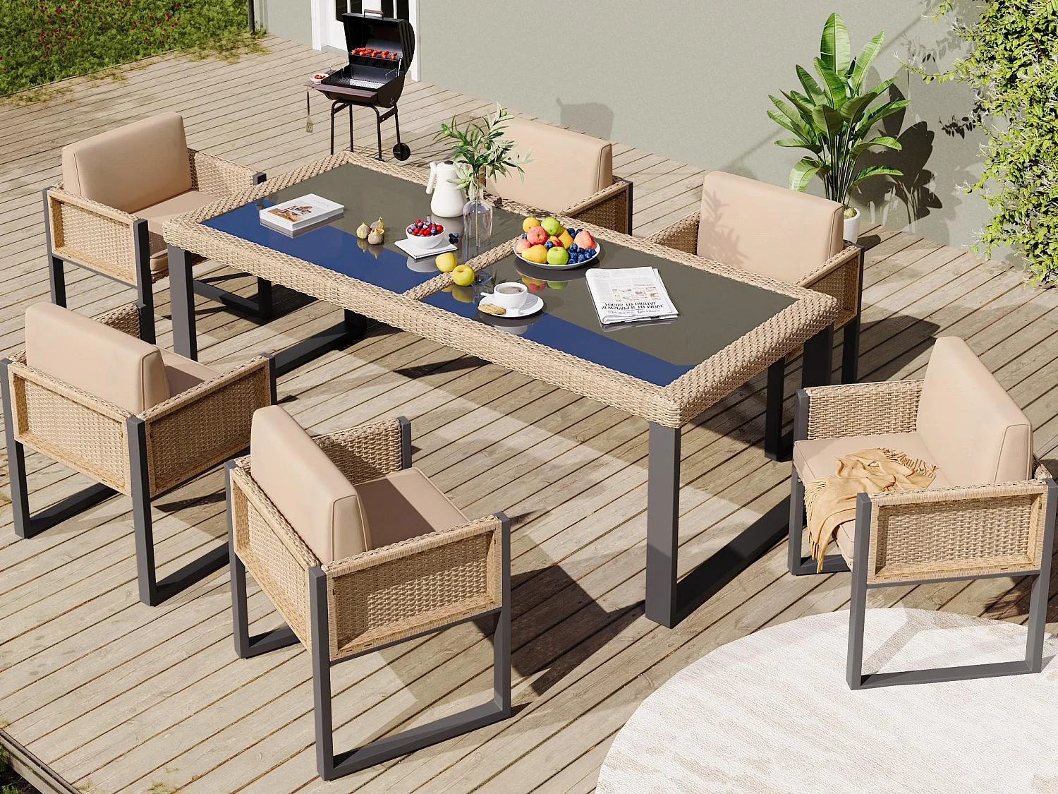 Ensemble de salle à manger de jardin pour 6 personnes - 6 fauteuils - 1 table - structure en fer galvanisé - en tissu amovibles et lavables - Beige