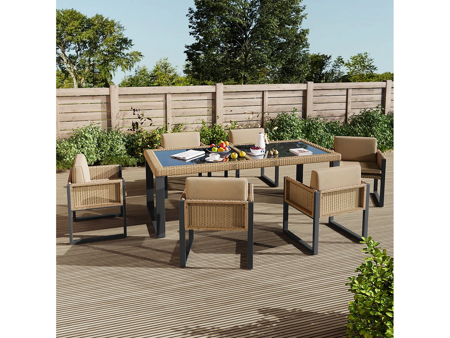 Ensemble de salle à manger de jardin pour 6 personnes - 6 fauteuils - 1 table - structure en fer galvanisé - en tissu amovibles et lavables - Beige