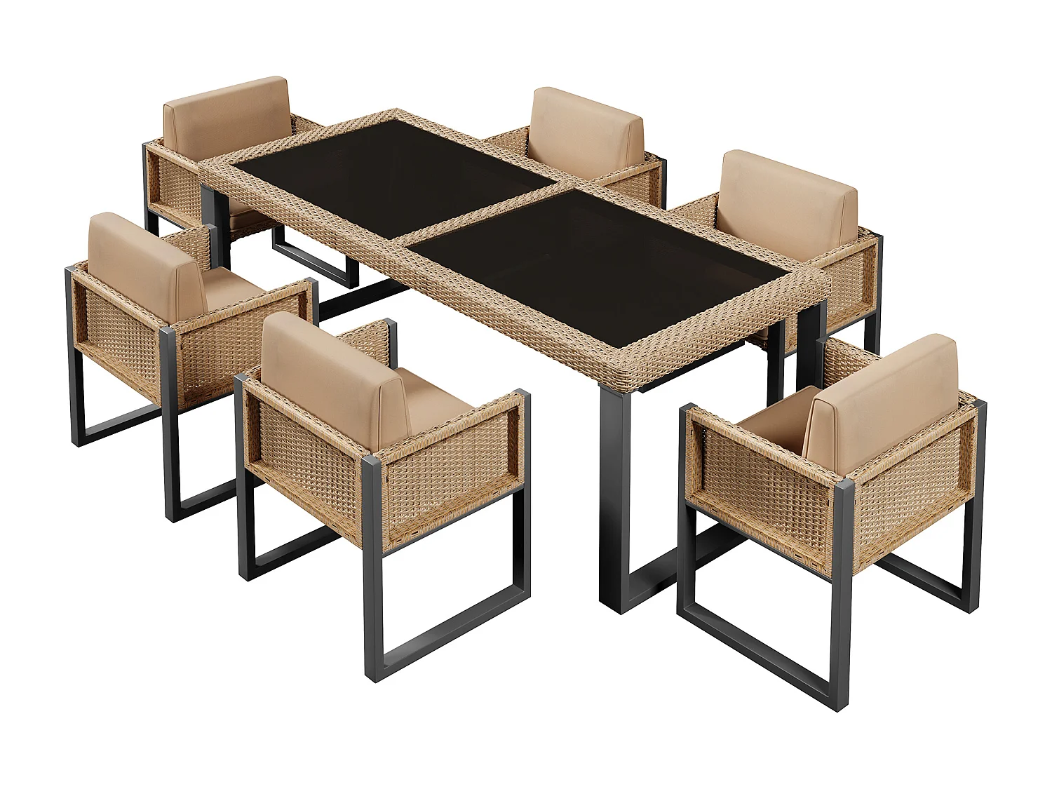 Ensemble de salle à manger de jardin pour 6 personnes - 6 fauteuils - 1 table - structure en fer galvanisé - en tissu amovibles et lavables - Beige