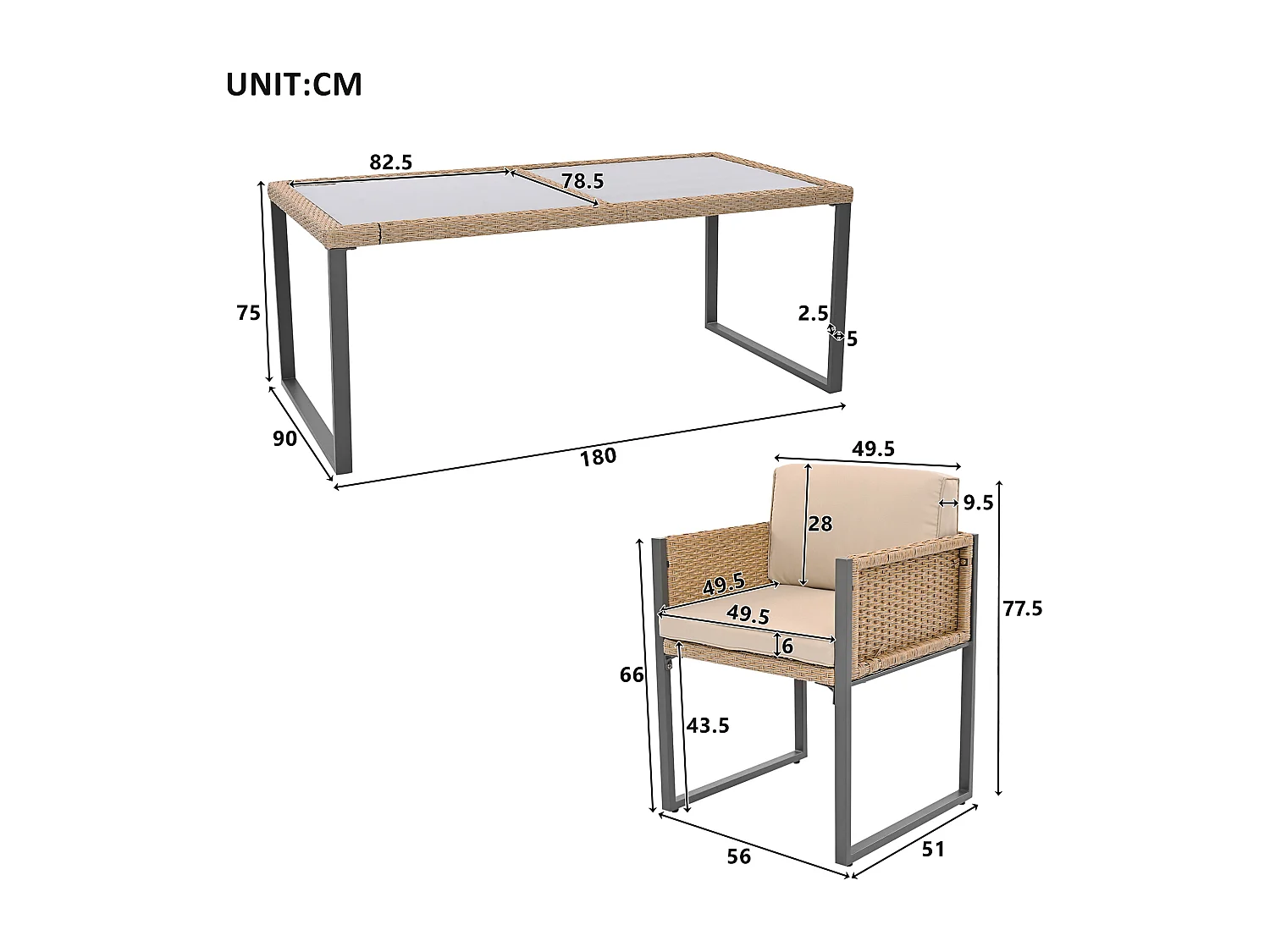 Ensemble de salle à manger de jardin pour 6 personnes - 6 fauteuils - 1 table - structure en fer galvanisé - en tissu amovibles et lavables - Beige