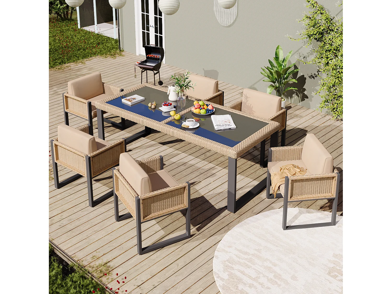 Ensemble de salle à manger de jardin pour 6 personnes - 6 fauteuils - 1 table - structure en fer galvanisé - en tissu amovibles et lavables - brun